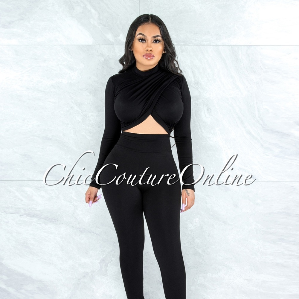 Black Drape Double Lined Top & Leggings Set!